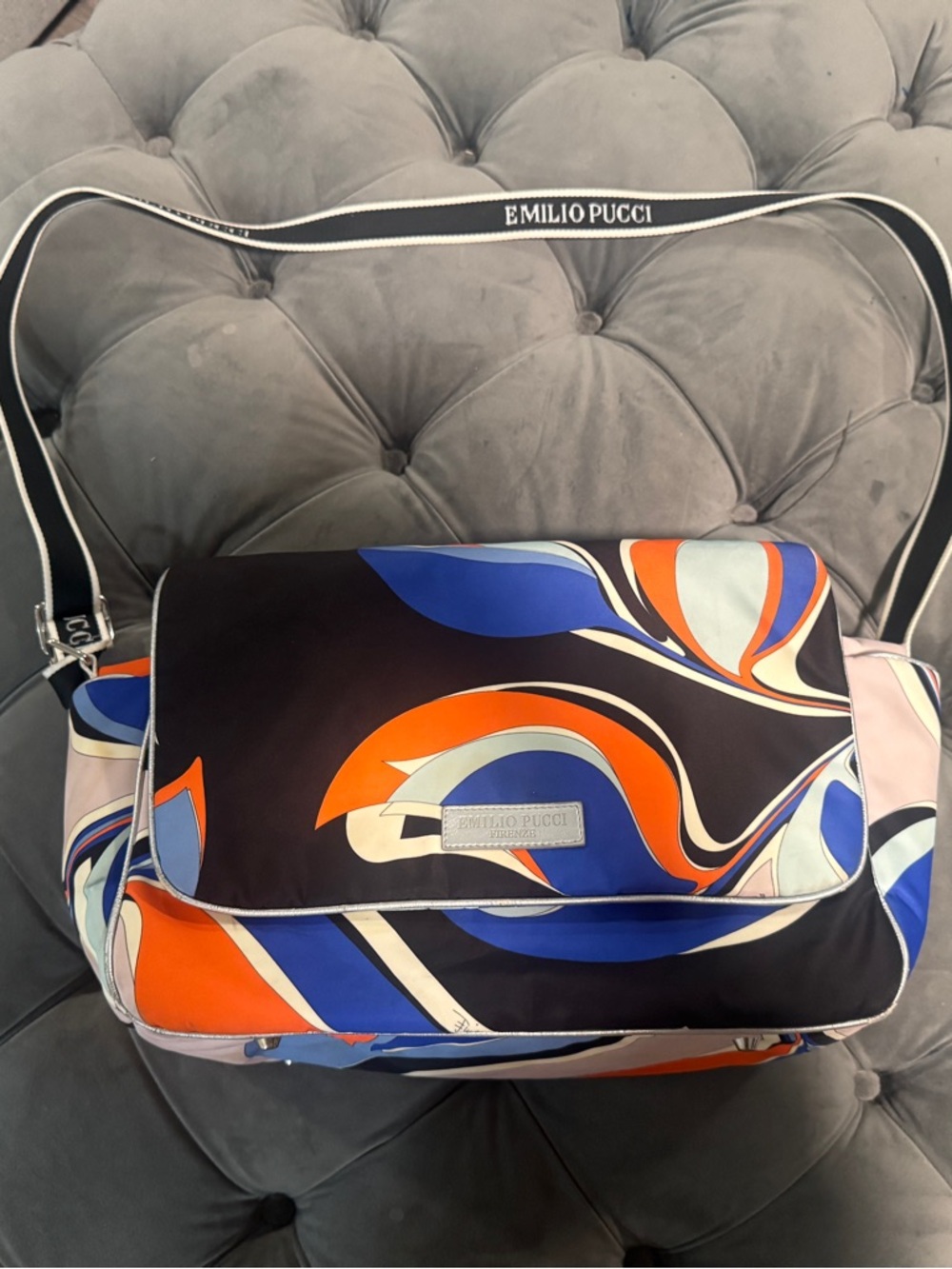 Emilio Pucci Black Diaper Bag with Blue & Orange Swirl Print
